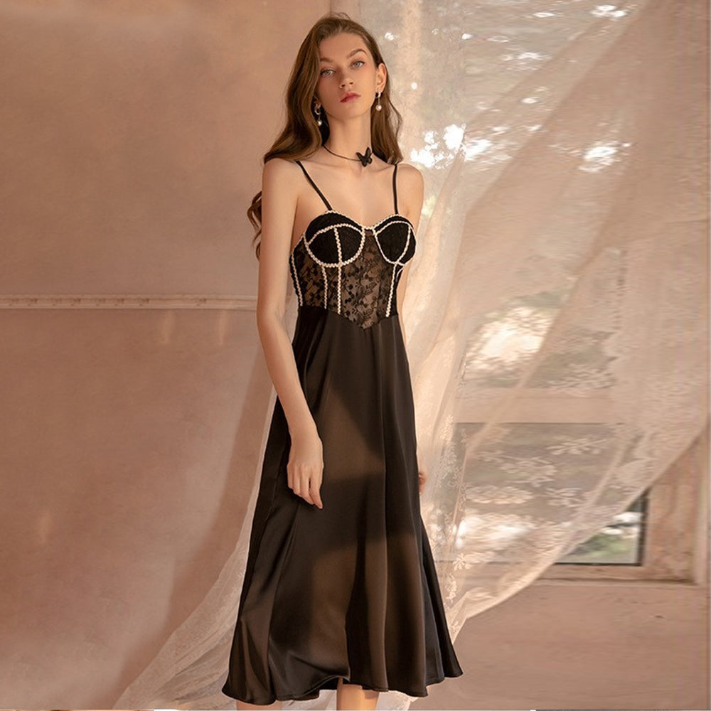 レディースセクシーパジャマ サテンベビードール パッド入りレースナイトガウン ミディ丈セクシーネグリジェ
