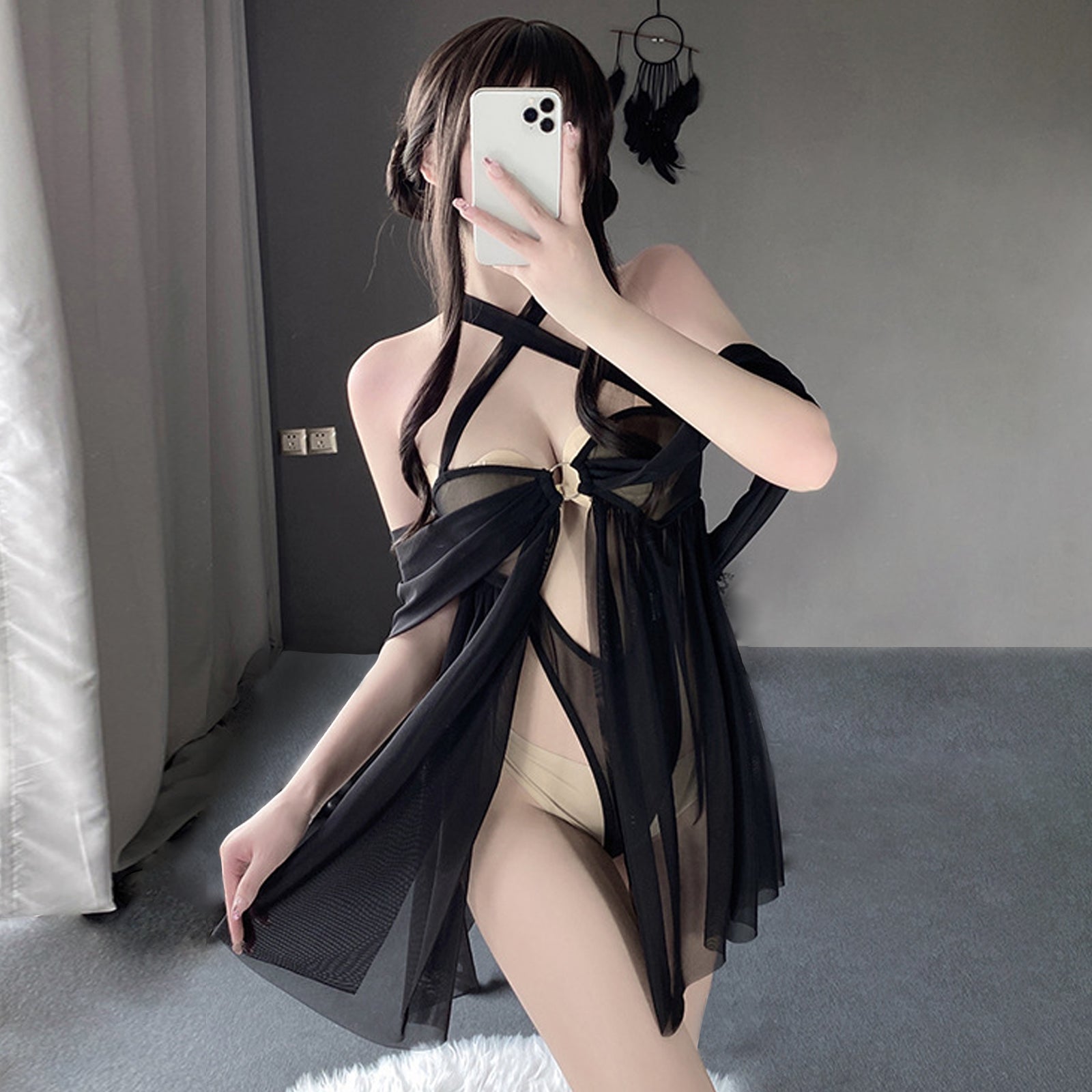 レディース寝間着 シースルーメッシュベビードール クロスホルターナイトティードレス
