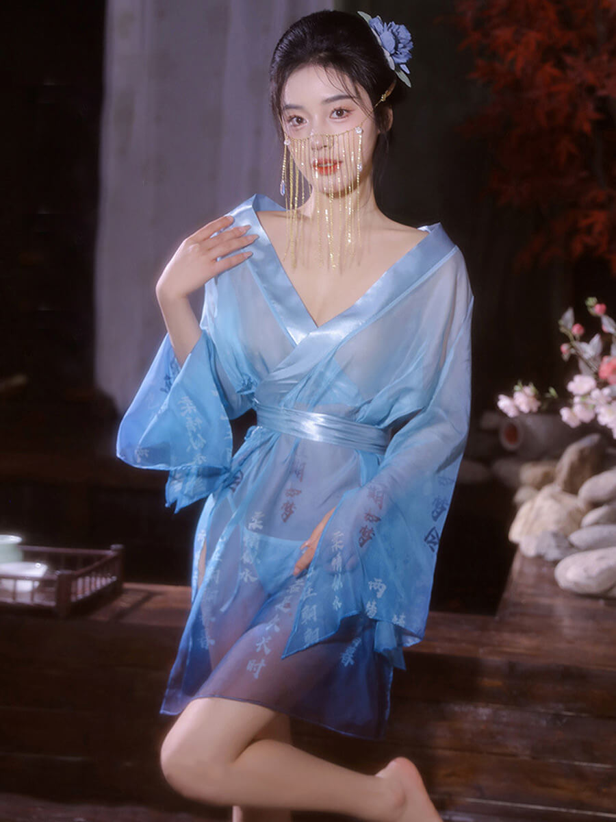 チャイナドレス 漢字プリントメッシュローブ
