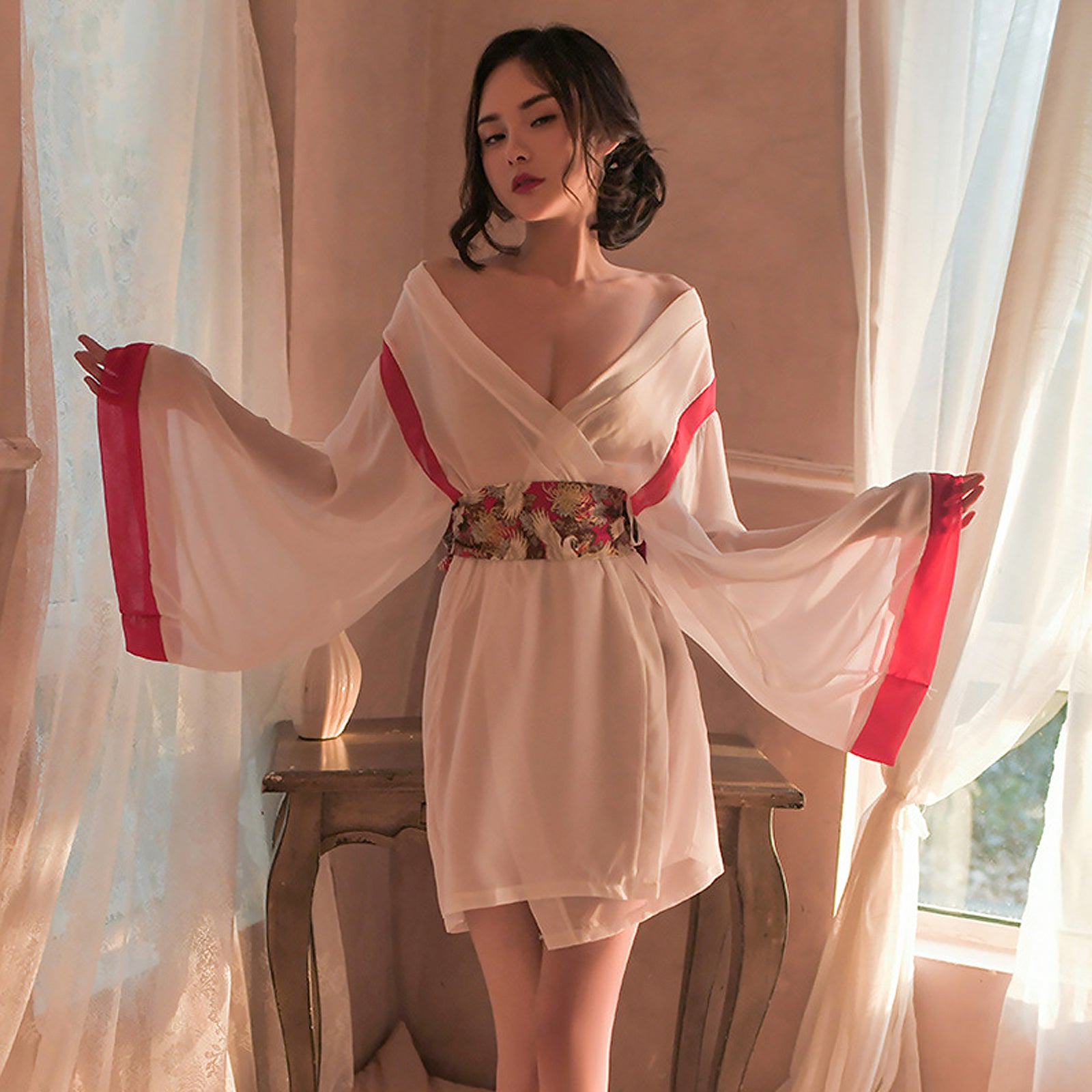 レディースシルクローブ Asrrss 日本風着物 アニメ芸者コスプレランジェリー ホワイト浴衣コスチューム
