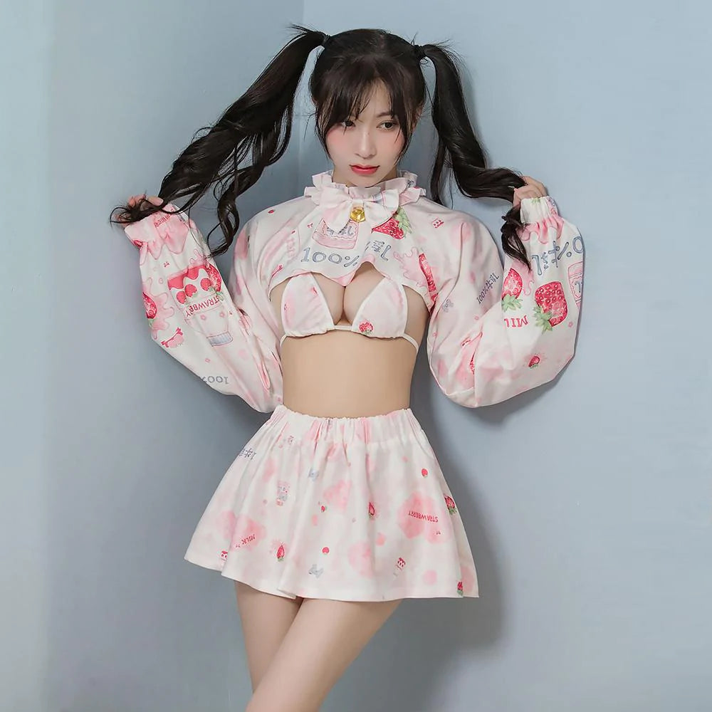 セクシーアニメコスプレ 可愛いロリータ牛柄ランジェリー メイド衣装セット
