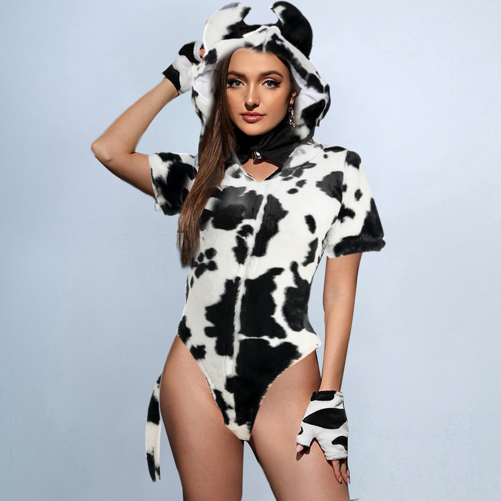 セクシー牛コスプレランジェリー異国風ダンサー毛皮牛柄フード付きワンジーボディスーツ
