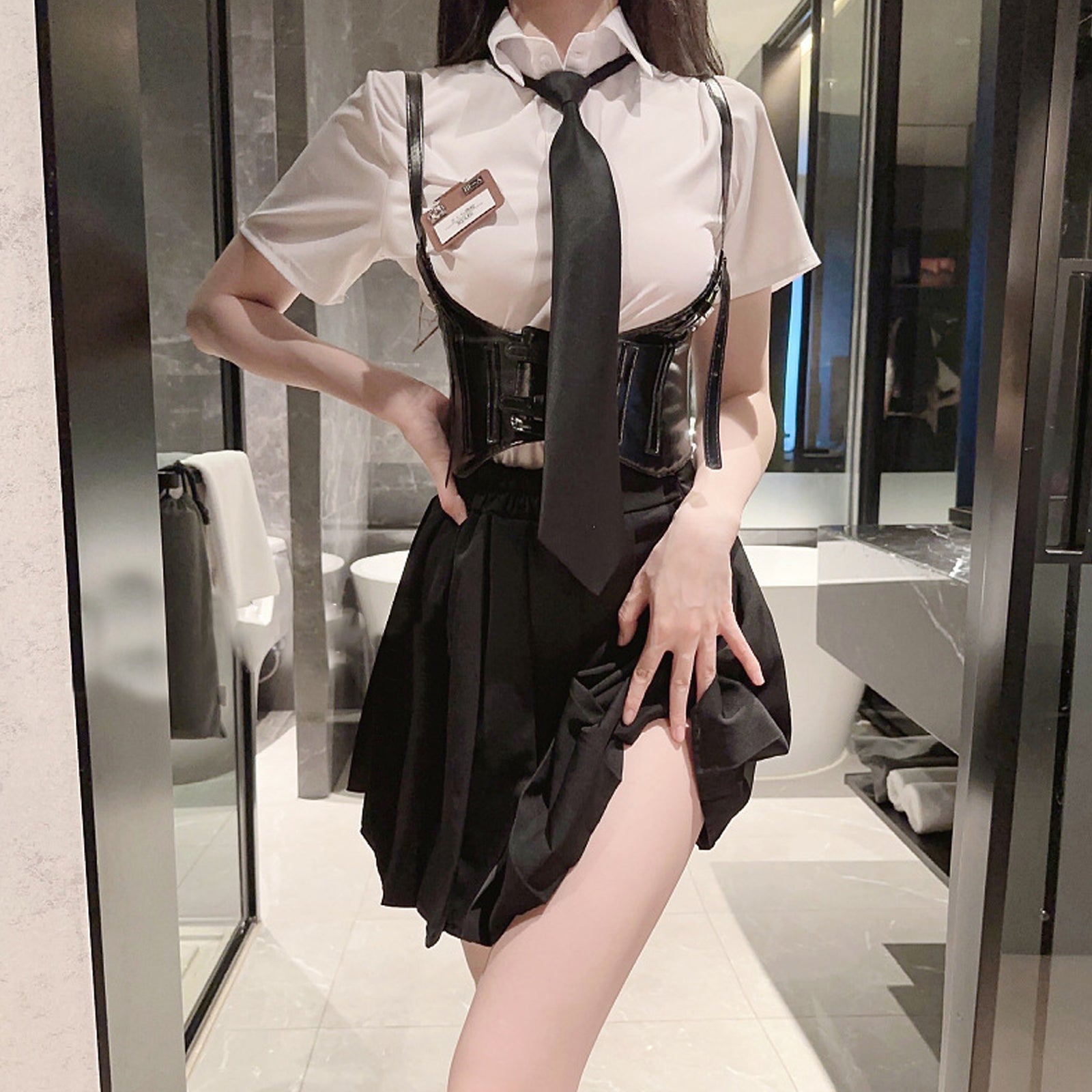 Asrrssセクシー女子学生コスプレ 白シャツ＆プリーツスカート ウエストシンチャー付き制服衣装
