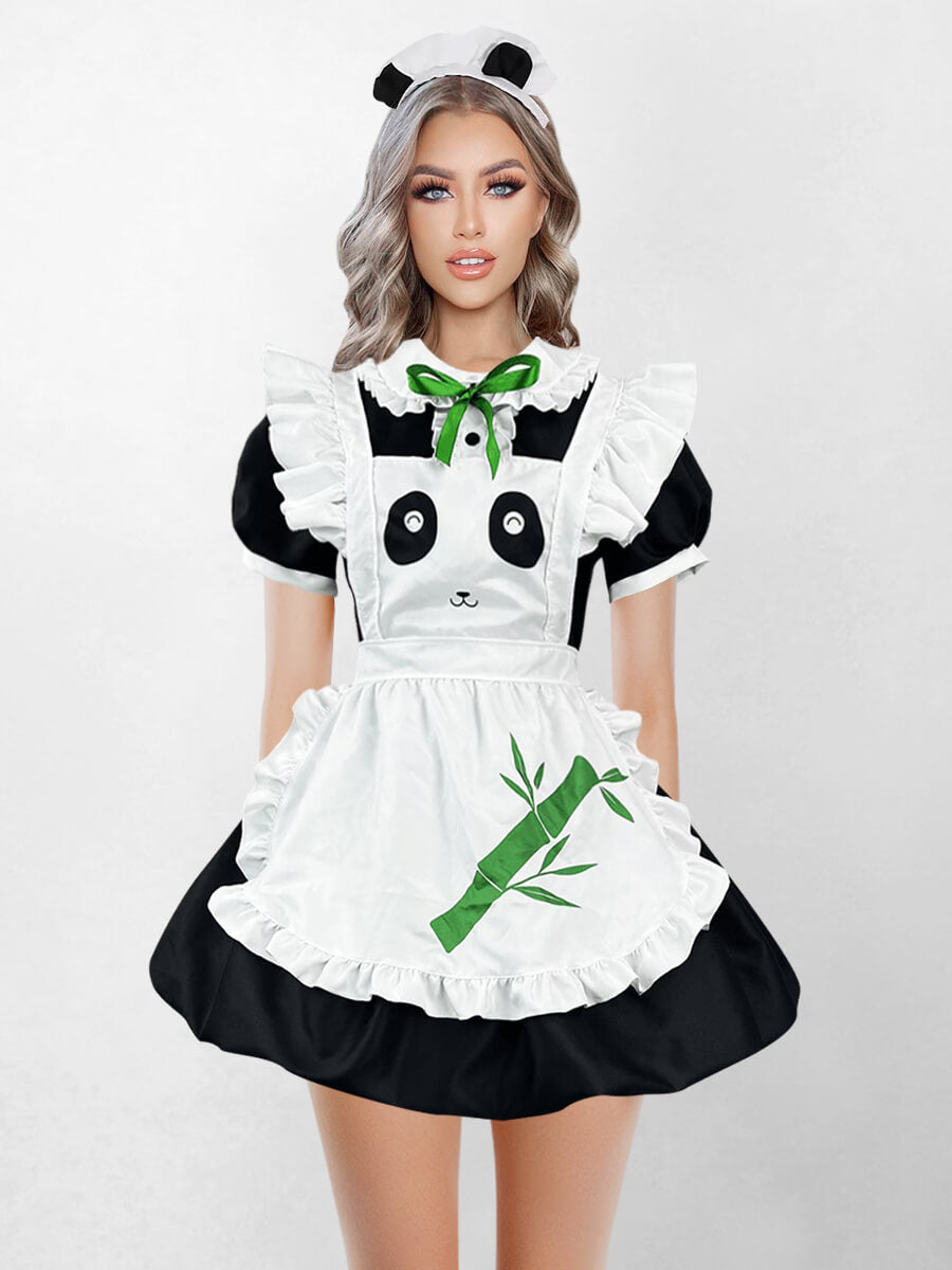 セクシーコスチュームアイデア プラスサイズパンダプリントメイドコスチューム
