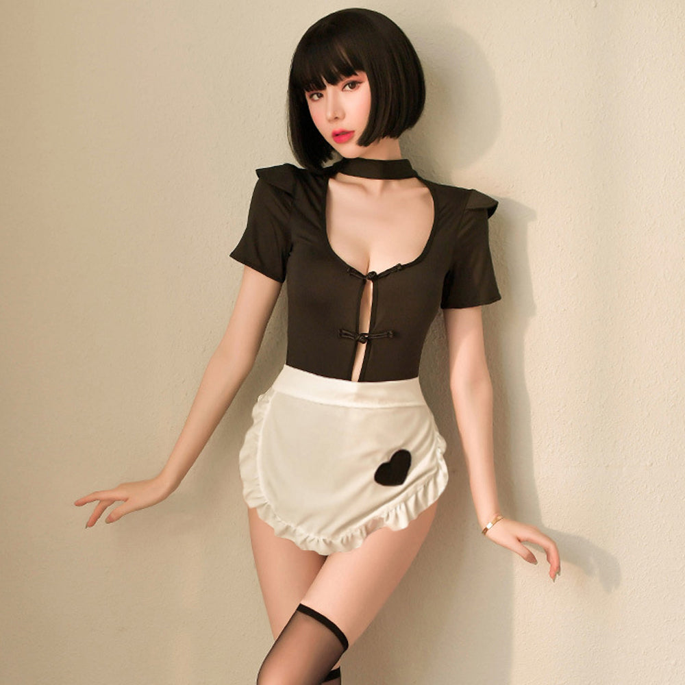セクシー大人用コスチューム Asrrss メイドランジェリー 2点セット ブラックボディスーツ エプロン付き
