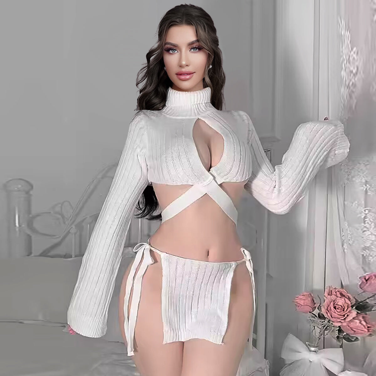 モデルランジェリー セクシー狐コスプレ衣装 アニメ動物風白ニット2点ランジェリーセット
