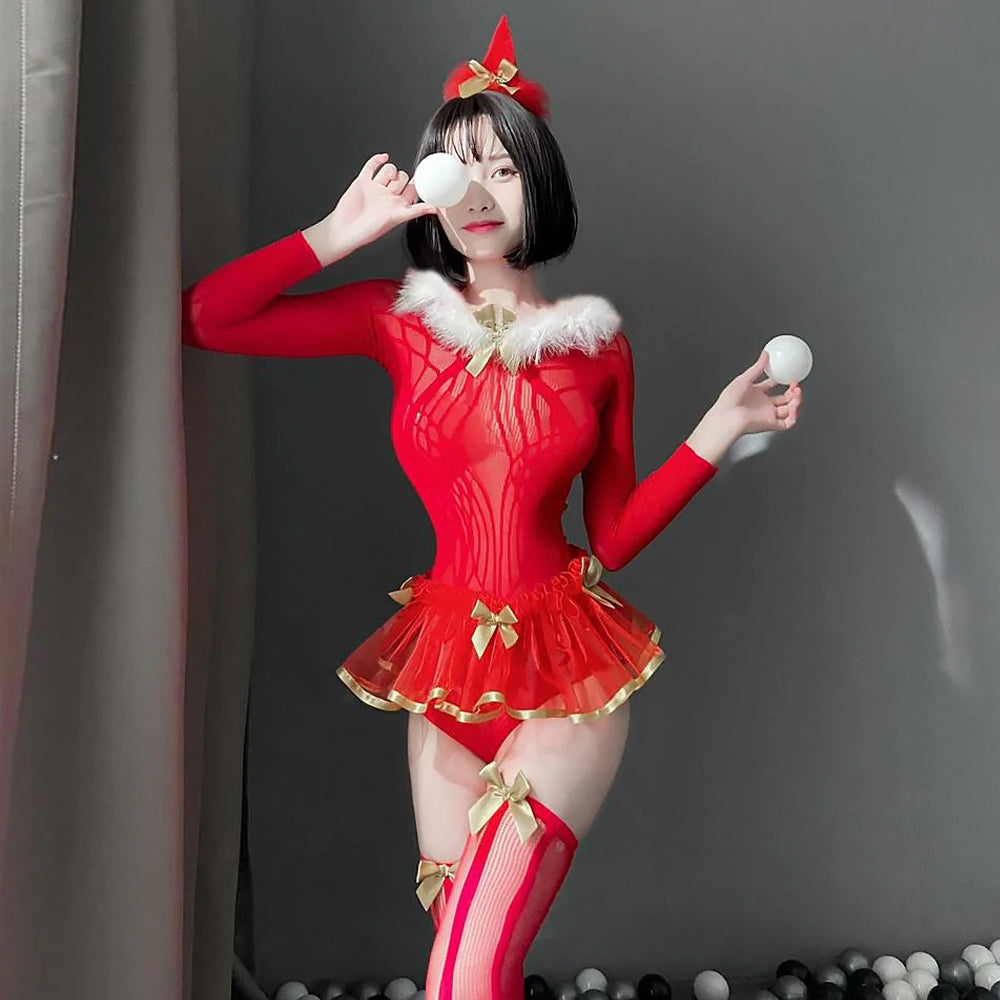 クリスマスボディスーツセクシーミセスクロース赤長袖バックレスフィッシュネットランジェリーコスプレ
