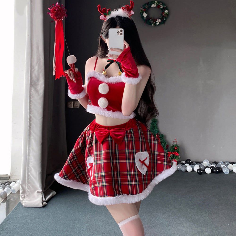 ナーティサンタコスチュームミセスクロース赤チェック柄スカートクリスマスコスプレセット
