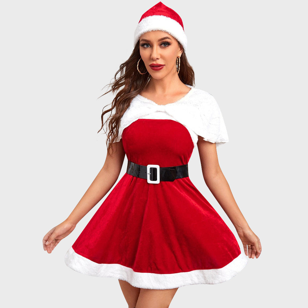 大人用サンタクロースドレス赤ファー付きクリスマスパーティーファンシーコスチューム
