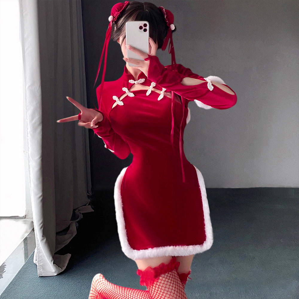 セクシーチャイナドレス赤ベルベットスリット入りランジェリーチャイナドレス
