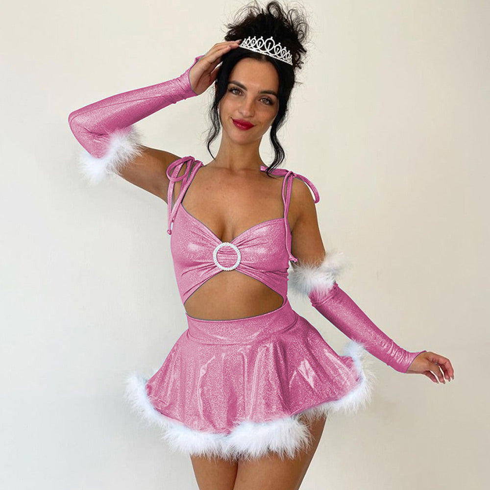 大人用セクシーサンタクロースコスチュームファートリム付きクリスマスプリンセスドレス
